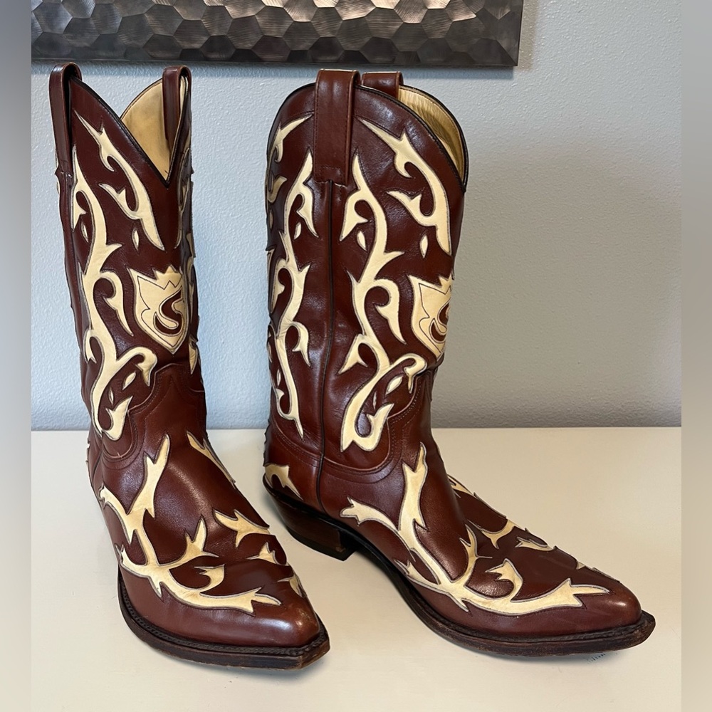 Sendra Men’s 10 Leather Cowboy Boots Cuervo Style brown & cream overlay handmade